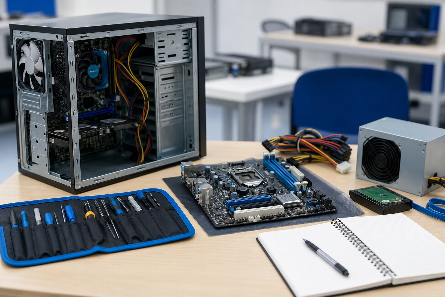 Computer servicing tools and hardware on a training workbench